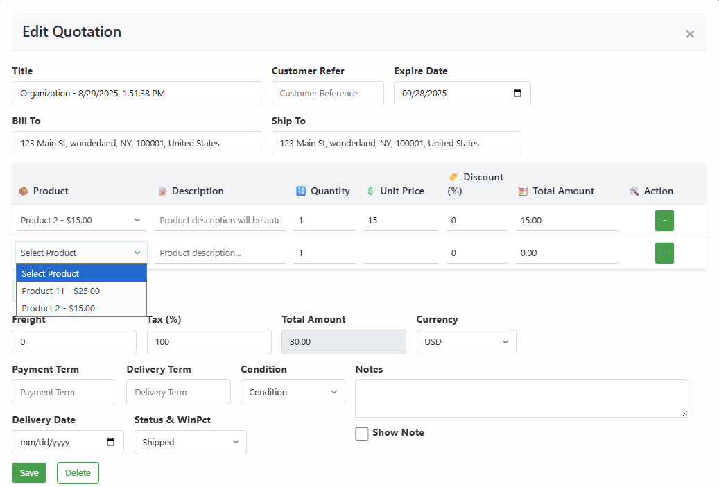 Quotation Management Interface